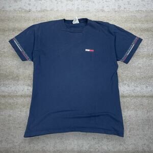 Vintage 90s Tommy Hilfiger Shirt Mens M Navy Blue Cotton Short Sleeve
